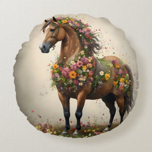 Petals And Hooves:  Brown Horse Fantasy Garden,  Round Cushion