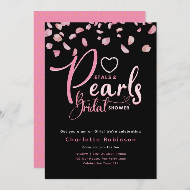 PETALS AND PEARLS Pink Black Chic Bridal Shower Invitation (Front/Back)