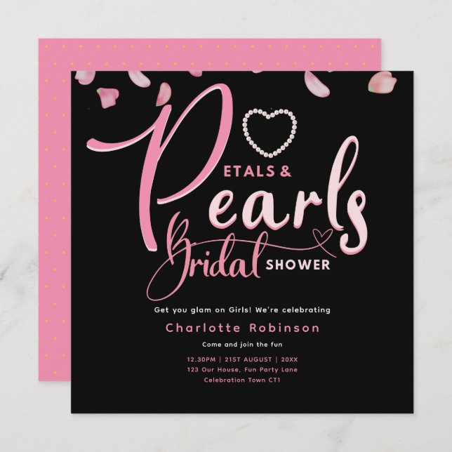 PETALS AND PEARLS Pink Black Chic Bridal Shower Invitation (Front/Back)