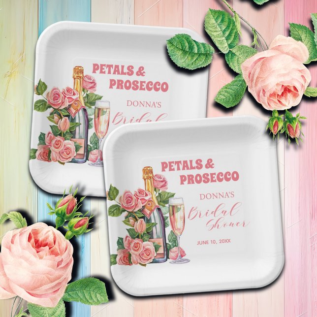 Petals and Prosecco Bottle and Roses Bridal Shower Paper Plate (Creator Uploaded)