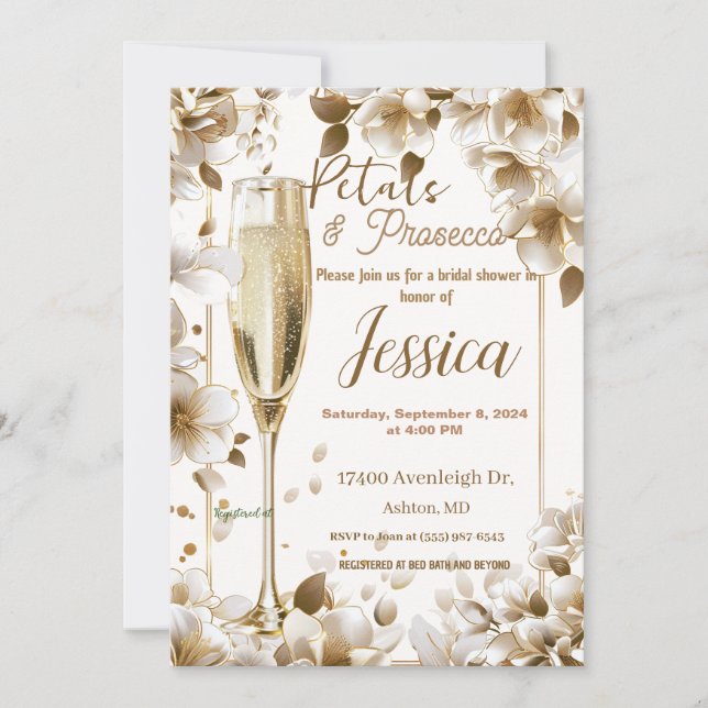 Petals and prosecco bridal shower invitation (Front)