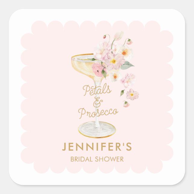 Petals and Prosecco Bridal Shower Personalised Square Sticker (Front)