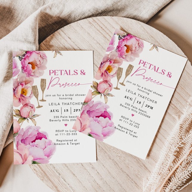 Petals and prosecco bright pink bridal shower invitation (Creator Uploaded)