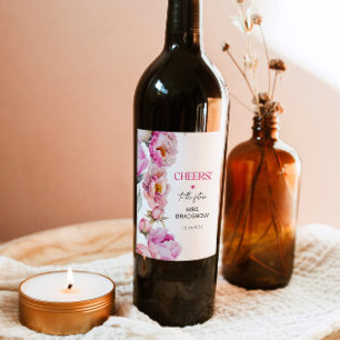 Petals and prosecco bright pink peony bridal wine label