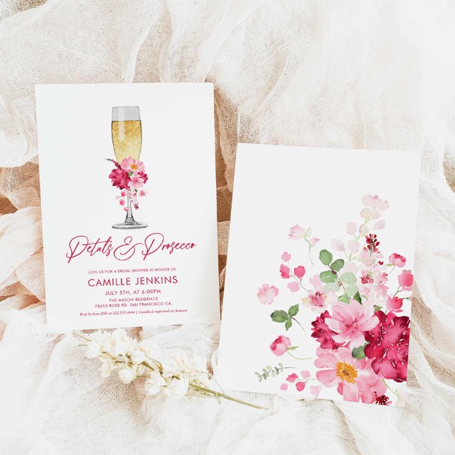 Petals and Prosecco Pink Floral Bridal Shower Invitation (Pink Floral Petals and Prosecco Bridal Shower Invitation)