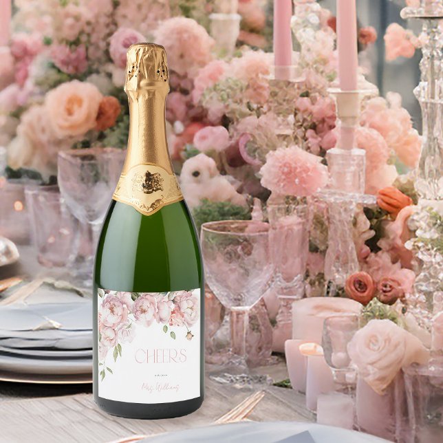 Petals and Prosecco Pink Rose Floral Bridal Shower Sparkling Wine Label (Creator Uploaded)