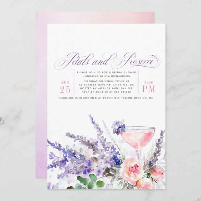 Petals and Prosecco Purple Floral Bridal Shower Invitation (Front/Back)