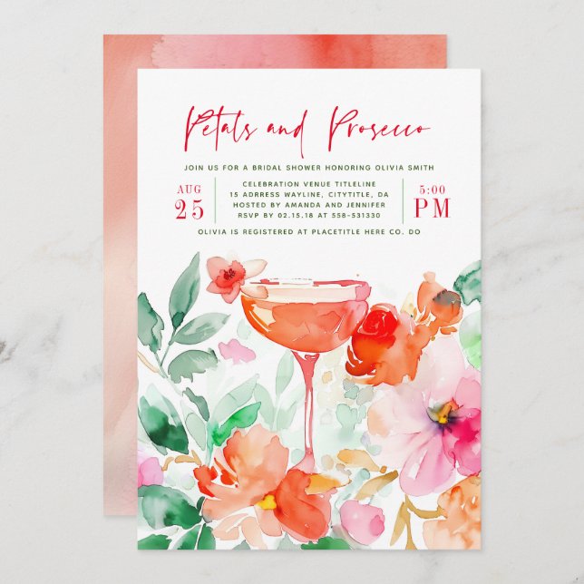 Petals and Prosecco Red Pink Floral Bridal Shower Invitation (Front/Back)
