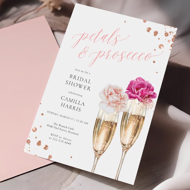 Petals and Prosecco Script Blush Bridal Shower Invitation (Creator Uploaded)