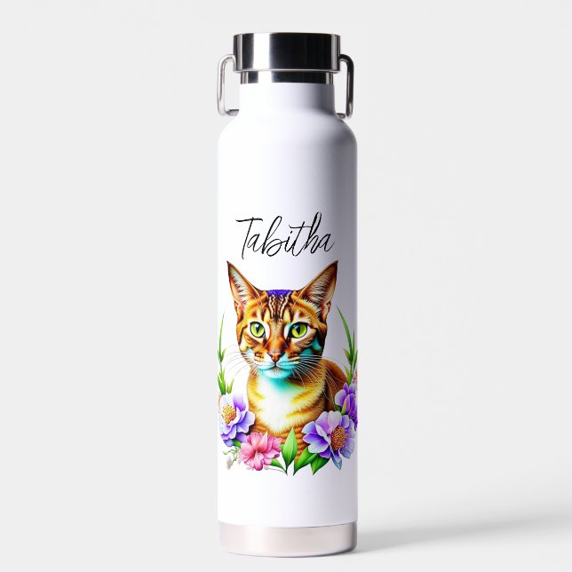 Petals and Purr Cute Cat and Pretty Flowers Water Bottle (Front)