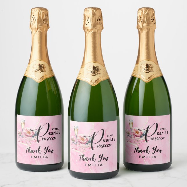 Petals Pearls Prosecco Favours Bridal Shower Sparkling Wine Label (Bottles)