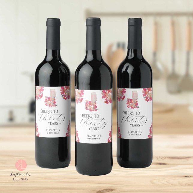 Petals & Prosecco 30th Birthday Floral Pink Chic Wine Label (Creator Uploaded)
