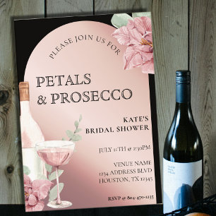Petals & Prosecco Black & Rose Gold Bridal Shower Invitation