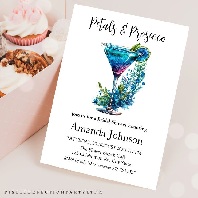 Petals & Prosecco Blue Floral Blush Bridal Shower  Invitation (Creator Uploaded)