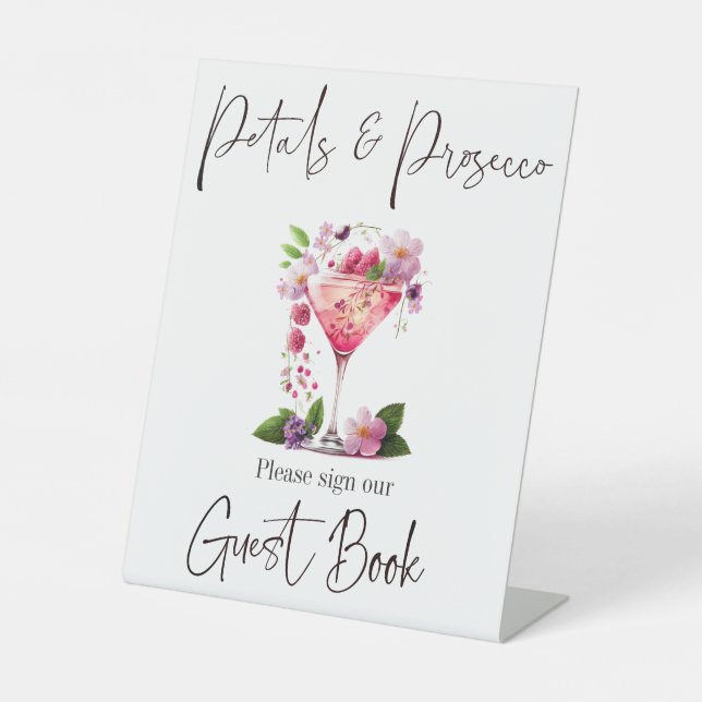 Petals & Prosecco Blush Pink Bridal Shower Guest Pedestal Sign (Front)