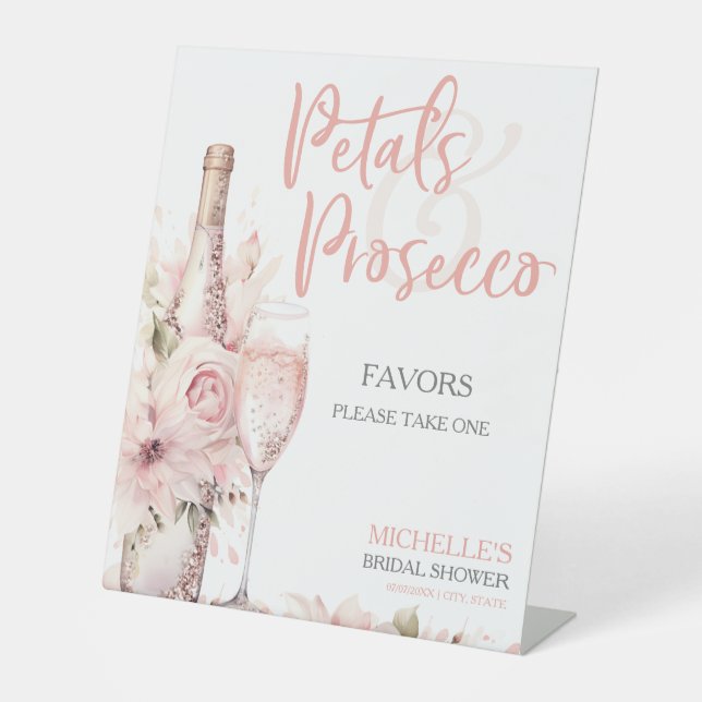 Petals & Prosecco Blush Pink Floral Bridal Shower Pedestal Sign (Front)