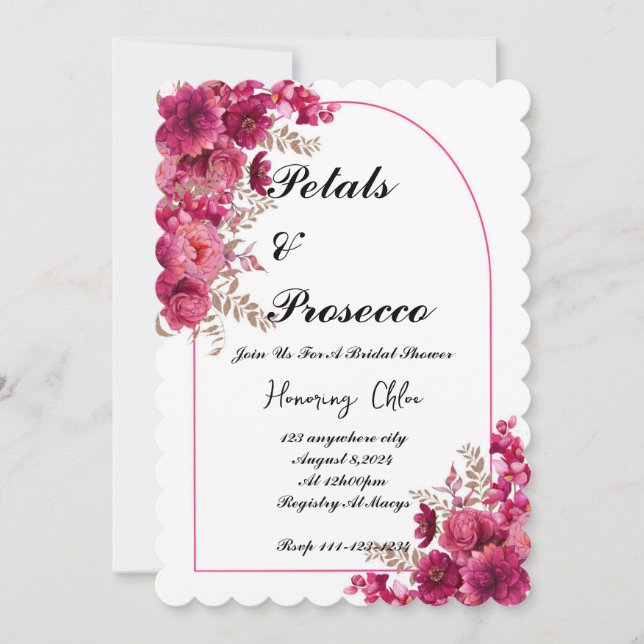 PETALS & PROSECCO BRIDAL SHOWER INVITATION, PINK INVITATION (Front)