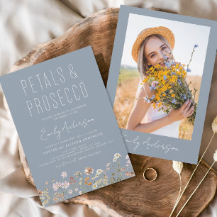 Petals & Prosecco Dusty Blue Wildflower Photo Invitation