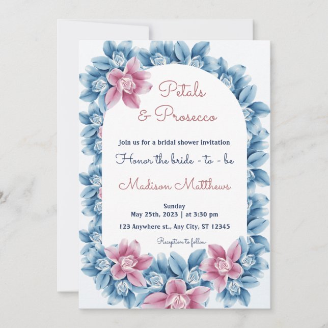 Petals & Prosecco Floral Arch Summer Bridal Shower Invitation (Front)