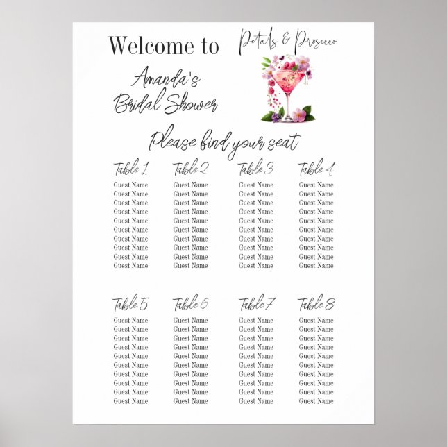 Petals & Prosecco Floral Bridal Shower Seating Poster (Front)