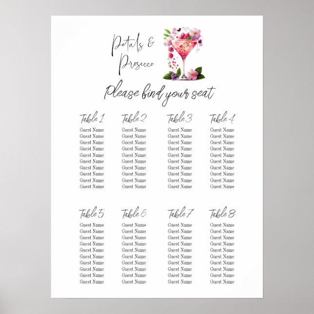 Petals & Prosecco Floral Bridal Shower Seating Poster (Front)