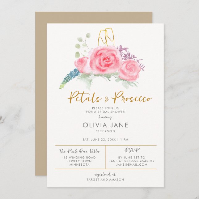 Petals Prosecco Floral Gold Bubbly Bridal Shower Invitation (Front/Back)