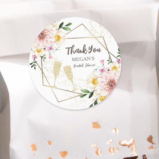 Petals & Prosecco | Floral Rose Gold Bridal Shower Classic Round Sticker (Creator Uploaded)