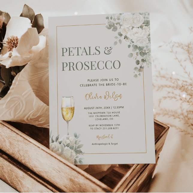 Petals & Prosecco Ivory Petals Bridal Shower  Invitation (Elegant Petals & Prosecco Ivory Petals | White Flowers  - white peonies & ranunculus Bridal Shower)