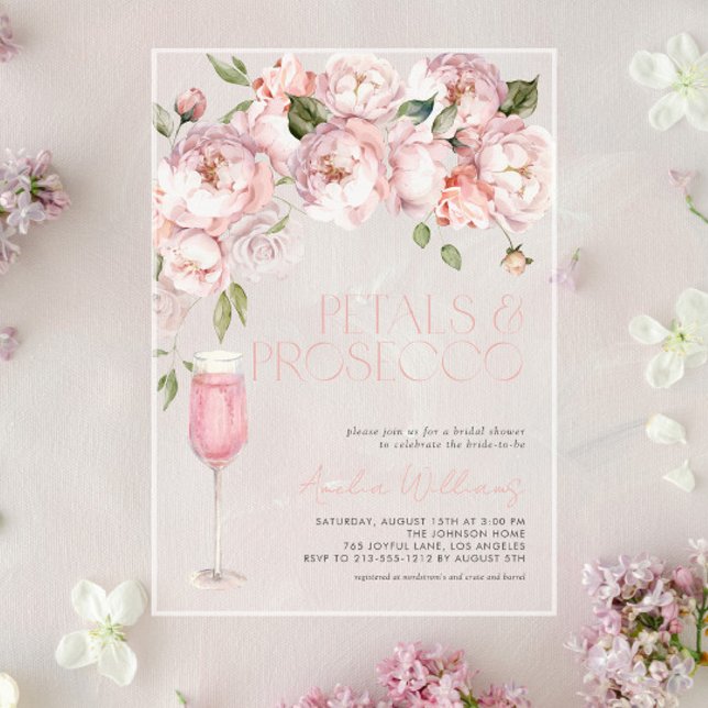 Petals & Prosecco Modern Pink Floral Bridal Shower Acrylic Invitations (Creator Uploaded)