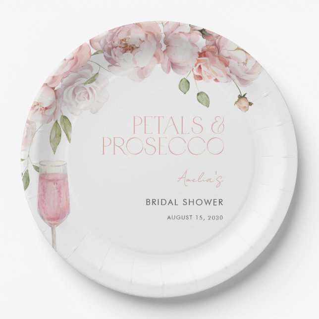 Petals & Prosecco Modern Pink Floral Bridal Shower Paper Plate (Front)