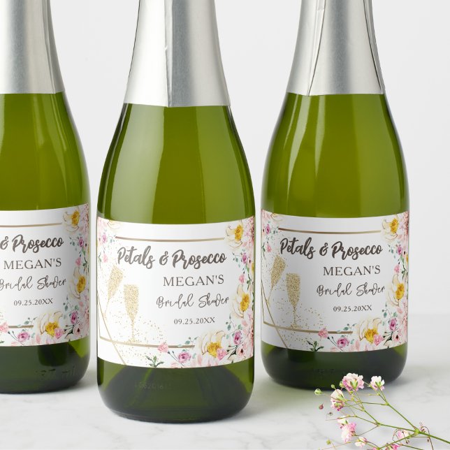 Petals & Prosecco | Pink Floral Gold Bridal Shower Sparkling Wine Label (Creator Uploaded)