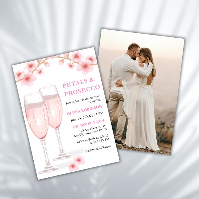 Petals & Prosecco Pink Floral Photo Bridal Shower Invitation (Petals and Prosecco Blush Pink Watercolor Floral Photo Bridal Shower Invitation )