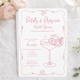 Petals Prosecco Pink Hand Drawn Bridal Shower Invitation