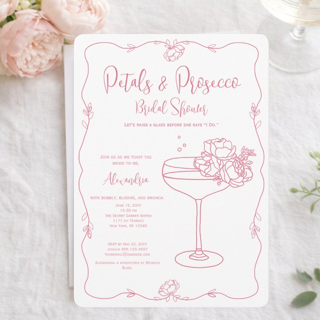 Petals Prosecco Pink Hand Drawn Bridal Shower Invitation (Creator Uploaded)