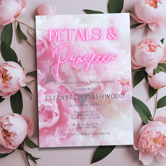Petals & Prosecco Pink Neon Floral Bridal Shower Invitation (Creator Uploaded)