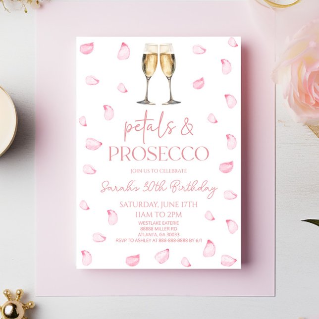 Petals & Prosecco Pink Rose Petals Birthday Party Invitation (Creator Uploaded)