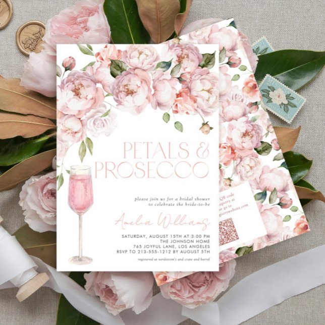 Petals & Prosecco QR Code Pink Bridal Shower Invitation (Creator Uploaded)