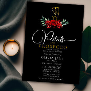 Petals Prosecco Red Roses Gold Dark Bridal Shower Invitation