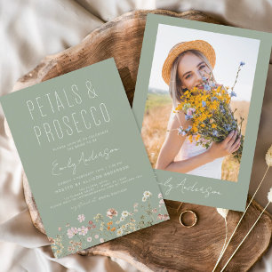 Petals & Prosecco Sage Green Wildflower Photo Invitation