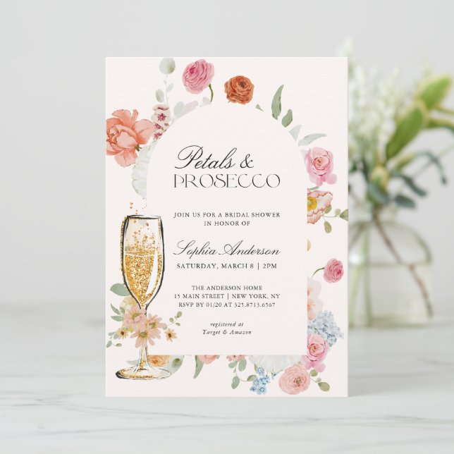 Petals & Prosecco Spring Flowers Bridal Shower Invitation (Standing Front)