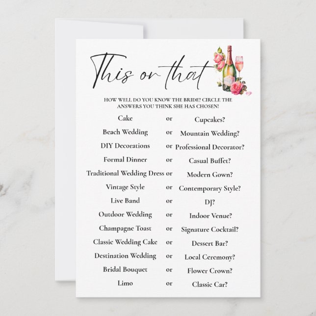 Petals This or That Bridal shower Game Card (Front)