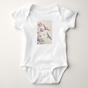 Petals turning into birds, flying off in a surreal baby bodysuit