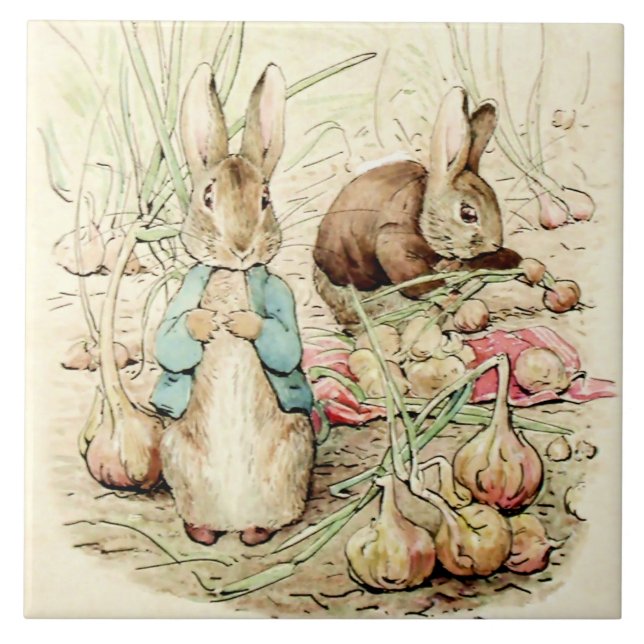 Peter and Benjamin Gather Onions by Beatrix Potter Ceramic Tile (Front)