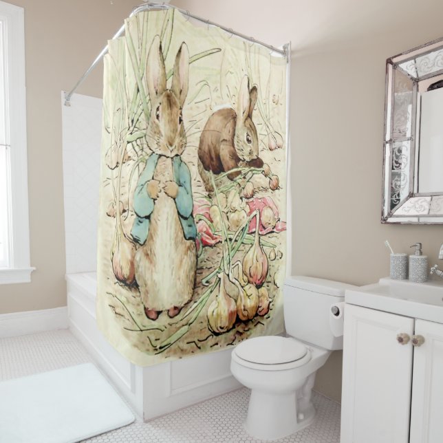 Peter and Benjamin Gather Onions by Beatrix Potter Shower Curtain (In Situ)