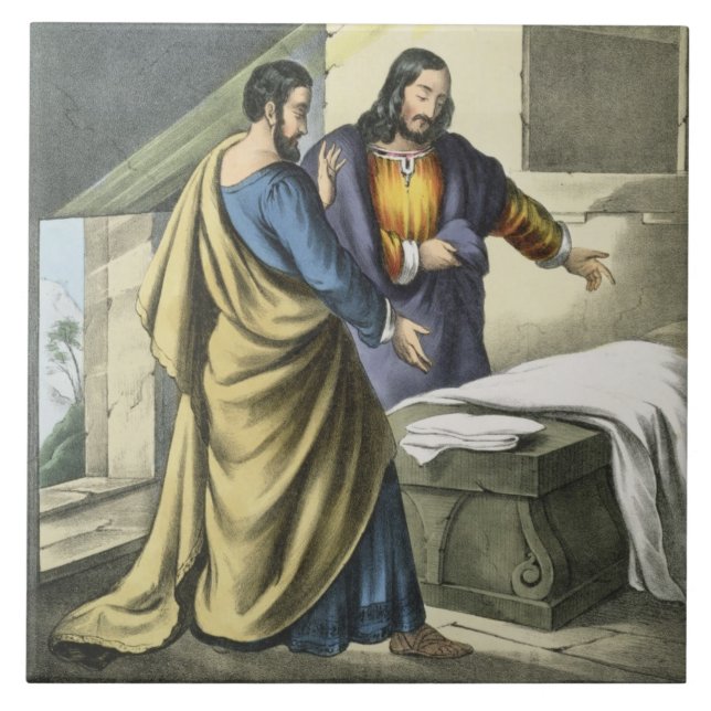 Peter and John at the Sepulchre, from a bible prin Tile (Front)