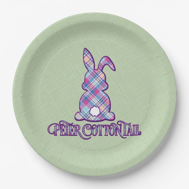 Peter Cottontail Purple Plaid Easter Bunny Paper Plate (Front)