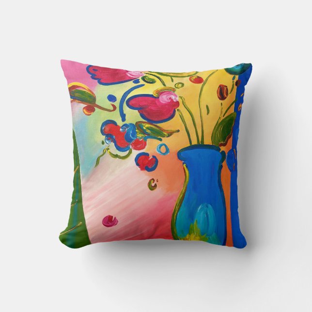 Peter Max Inspired Flowers Throw Pillow (Front)
