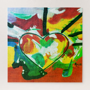 Peter Max style colourful watercolor Abstract Hear Jigsaw Puzzle