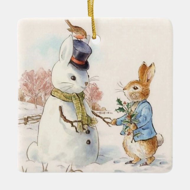 Peter Rabbit and the Snowman by Beatrix Potter Ceramic Ornament (Front)