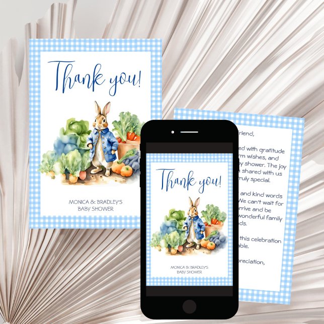 Peter rabbit baby boy baby shower thank you card (Peter rabbit boy baby baby shower thank you card blue gingham cute bunny in veggie garden thank you)